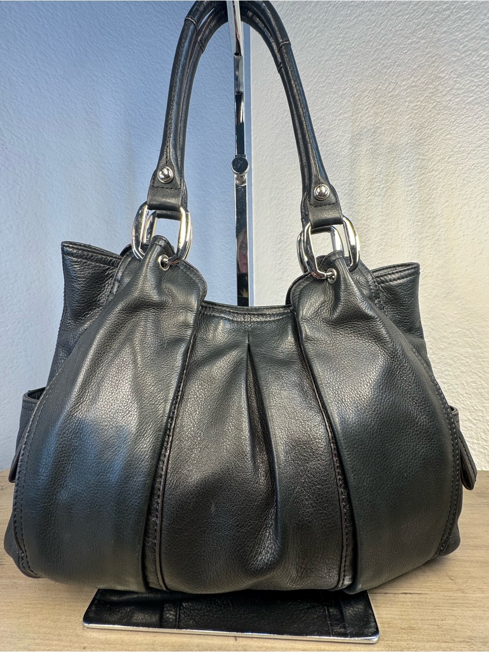 B Makowsky Black Leather Hobo Bag Boho Y2K Leopard Lining Silver Hardware